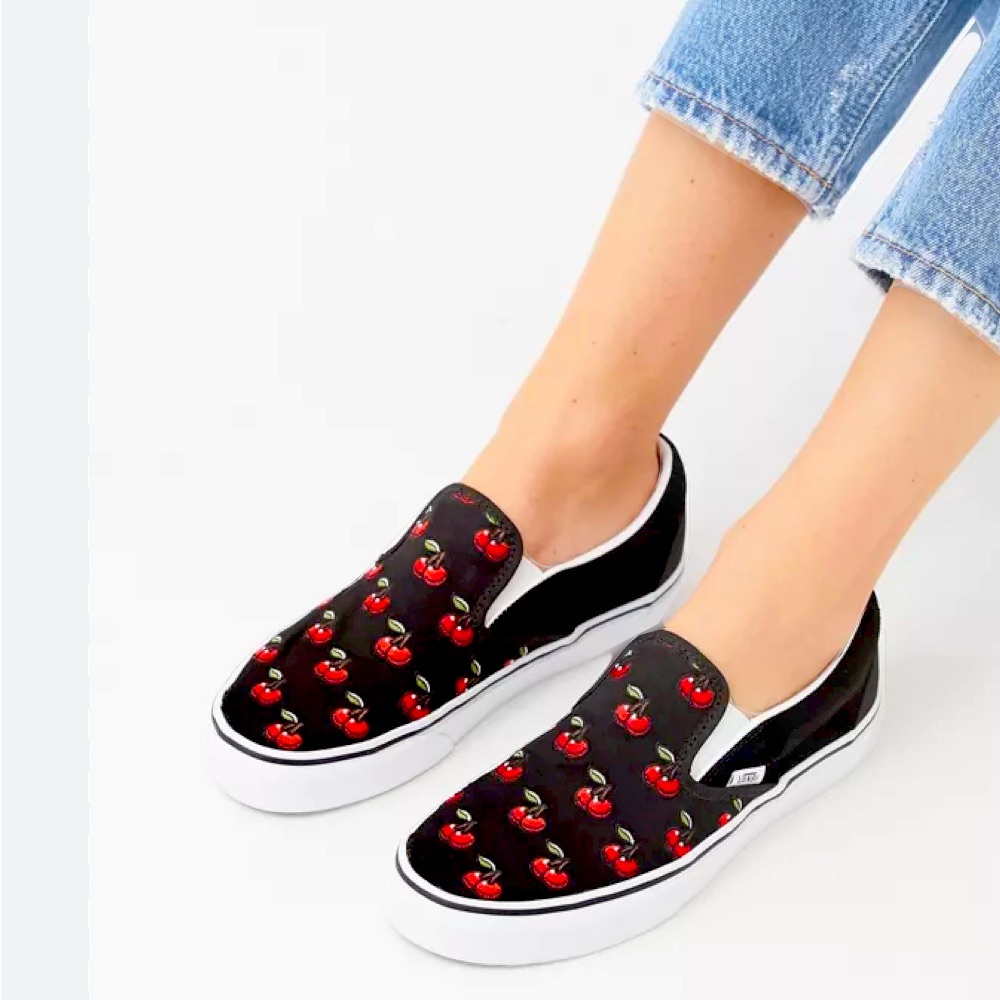 Vans Embroidered Red Cherry Black Canvas Slip On Shoes Women's Size 6.5